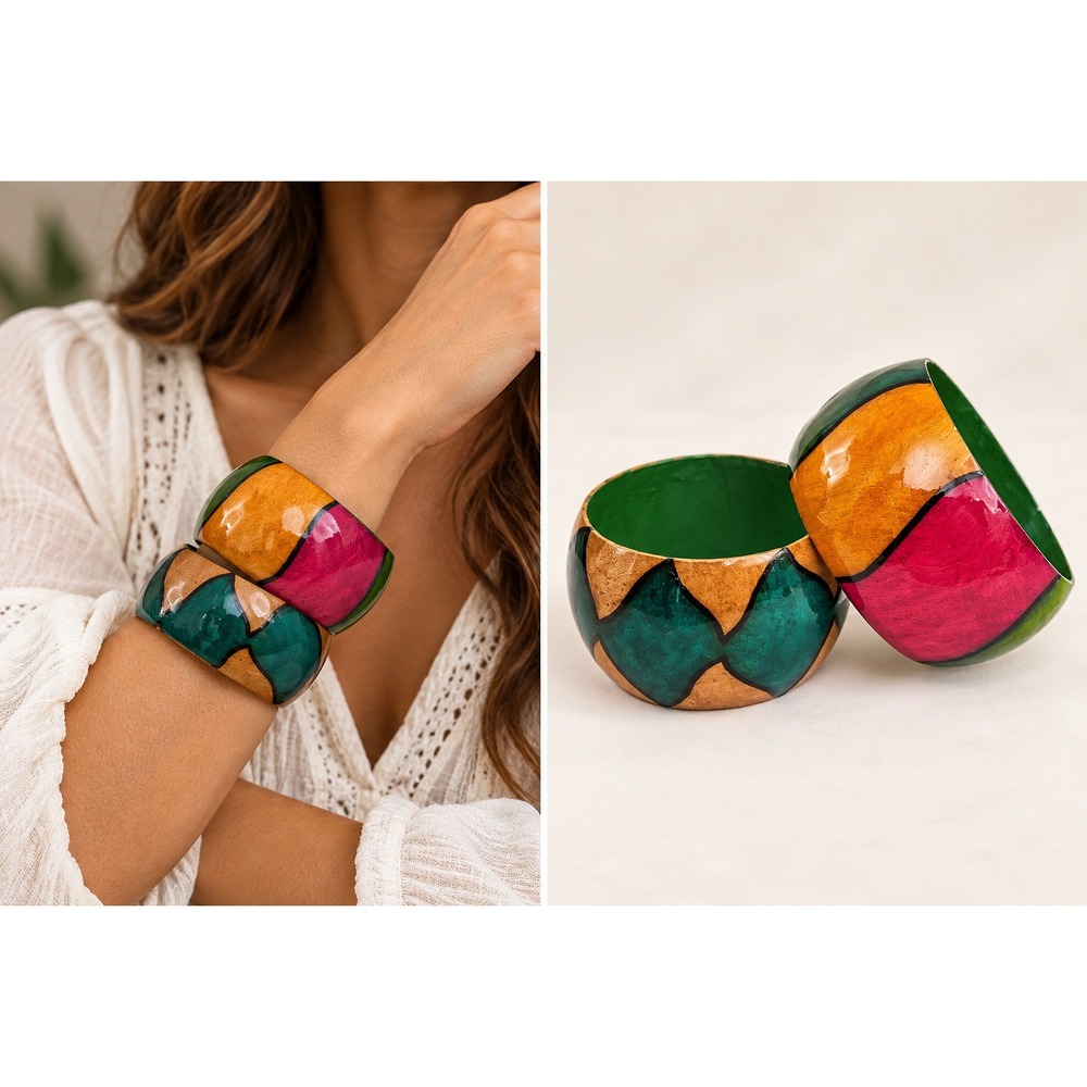 Bangle Bracelet Set Women Multicolor Boho Hand Painted Chunky Tribal Lightweight